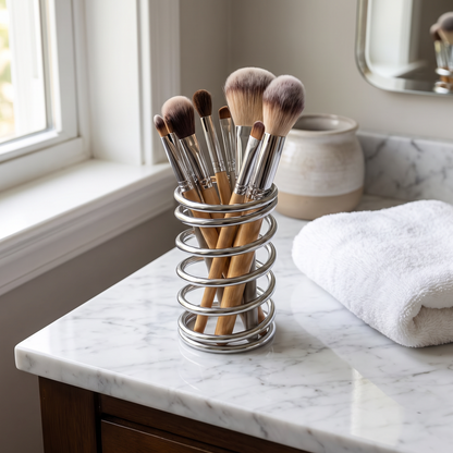 Holder with makeup brushes on a marble vanity