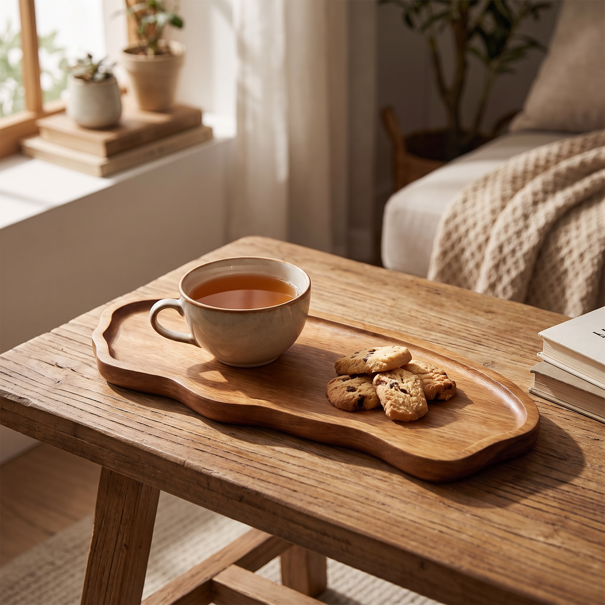Cloud wooden tray with tea on a coffee table