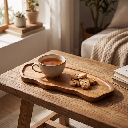 Cloud wooden tray with tea on a coffee table