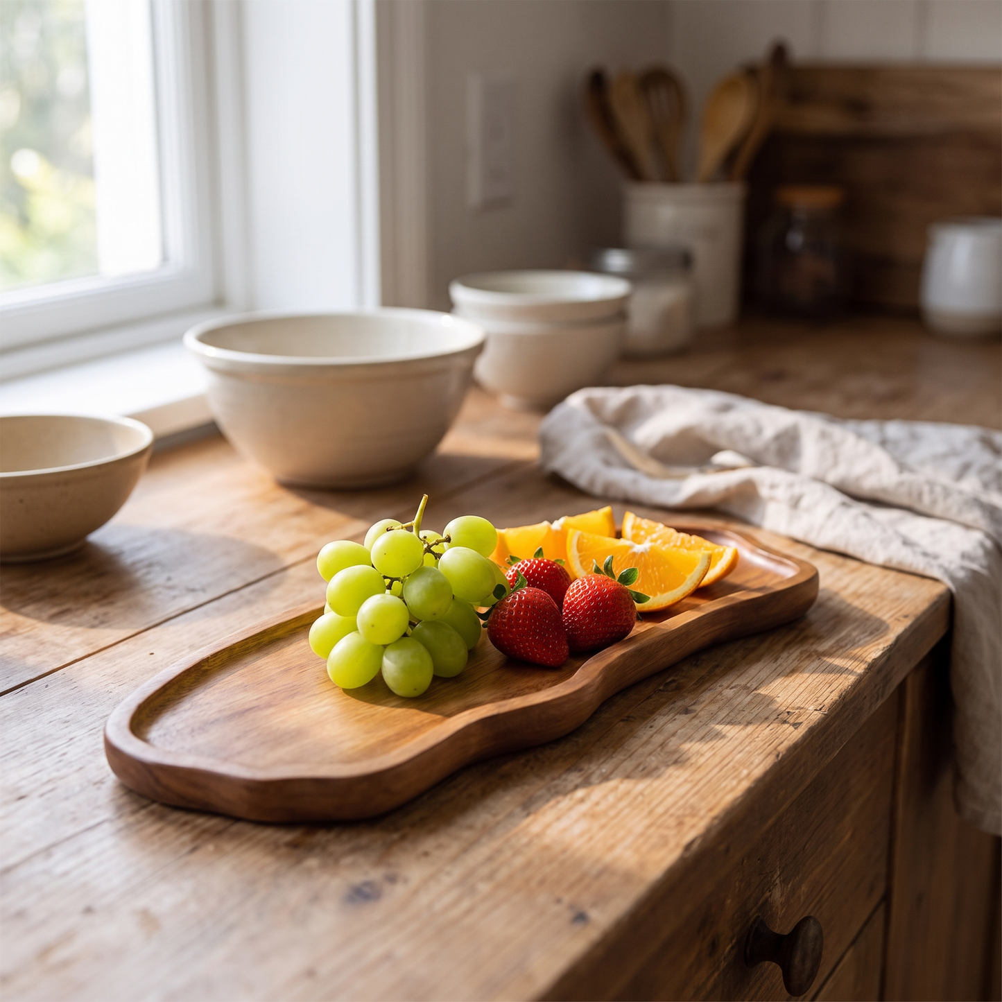 Wooden tray holding fruit on a kitchen counter