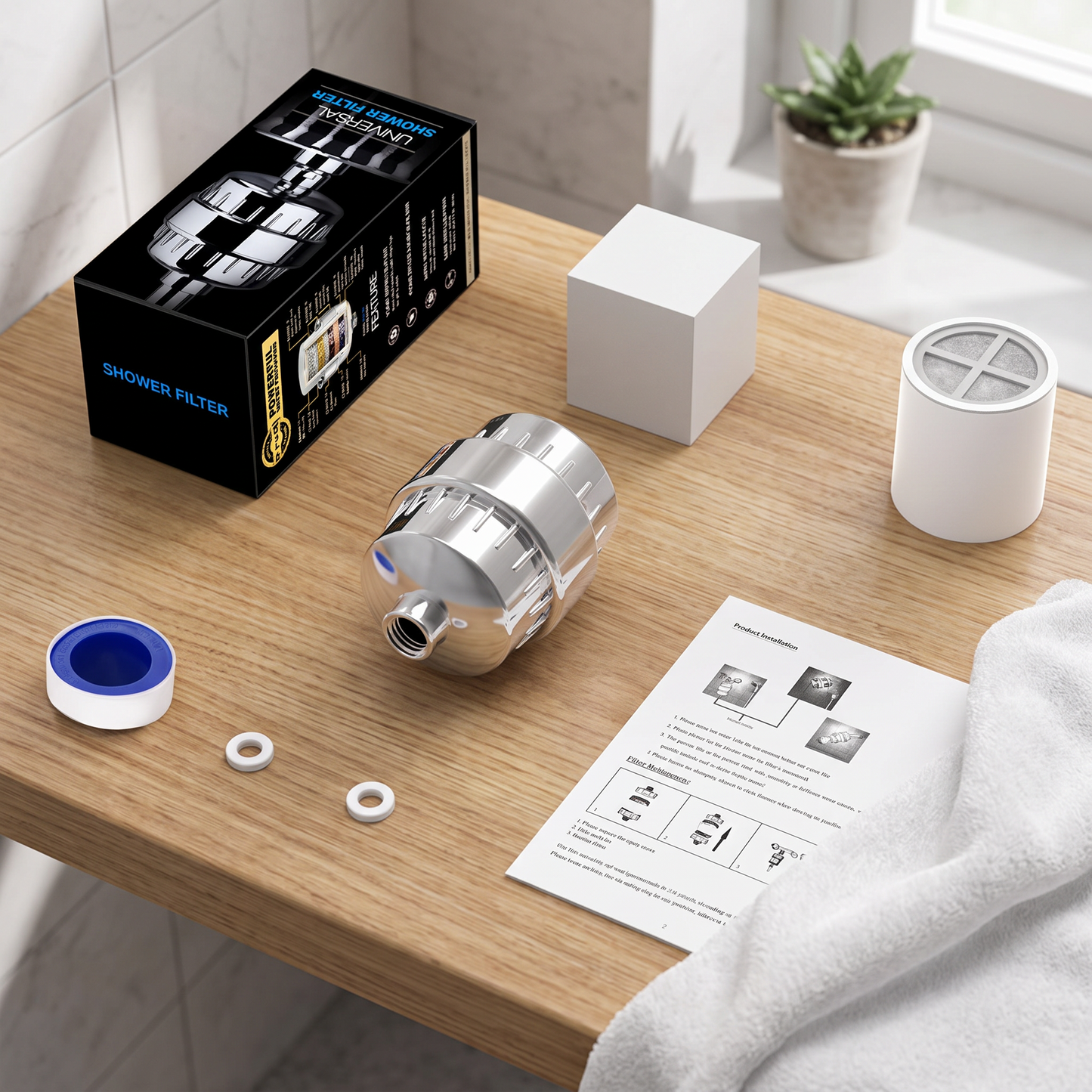 Filter set on a bathroom shelf