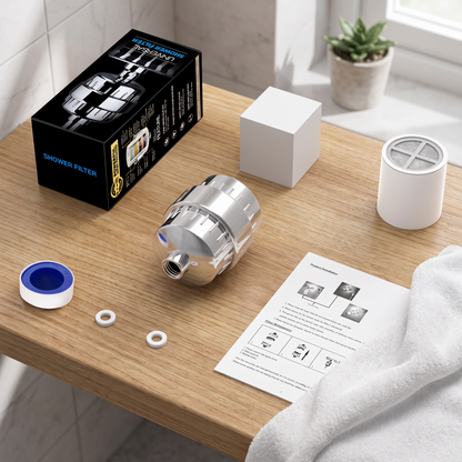 Filter set on a bathroom shelf