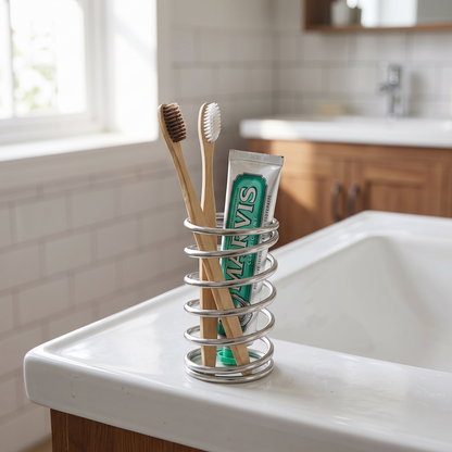 Steel holder with toothbrushes on a bathroom counter