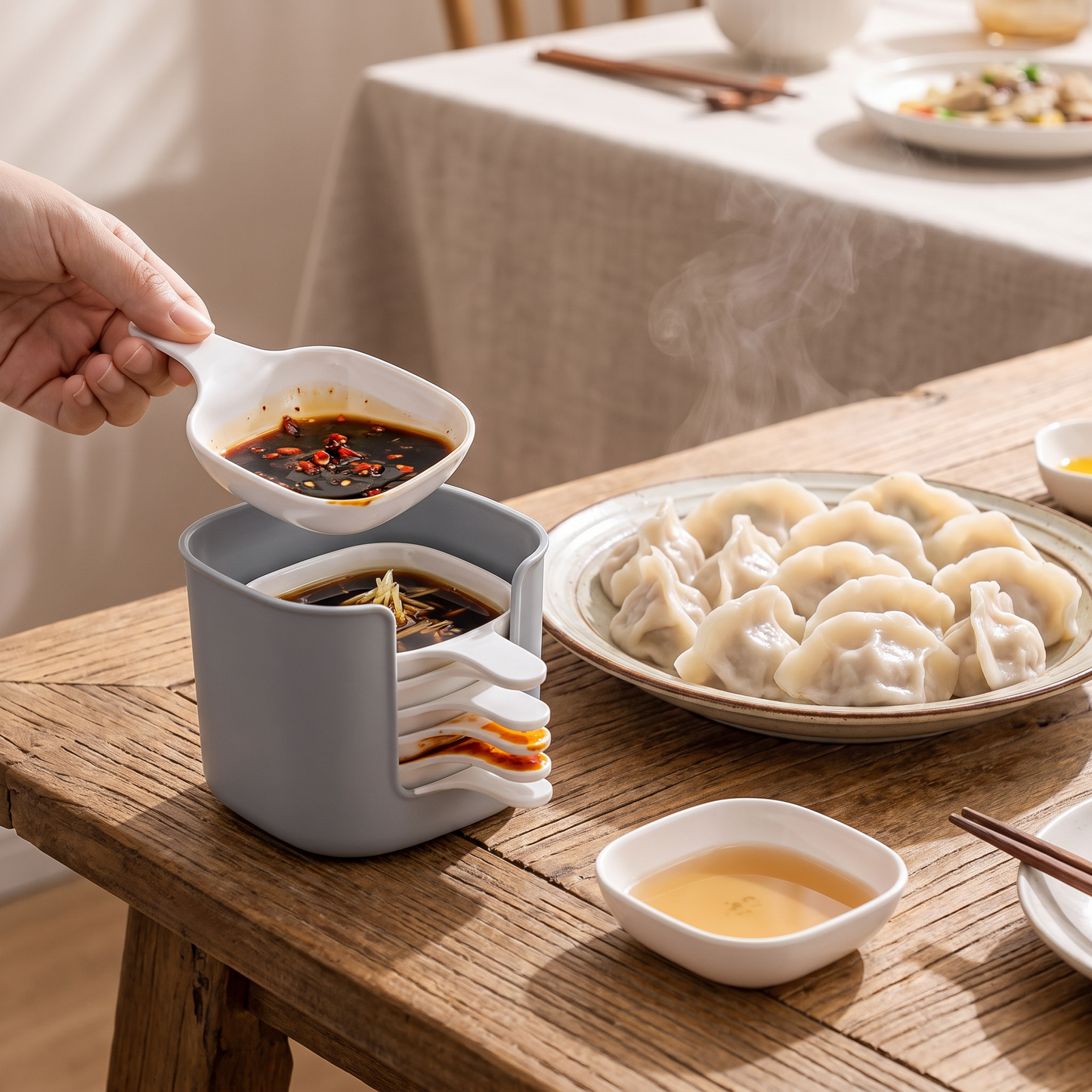 Dipping bowls with sauces beside dumplings