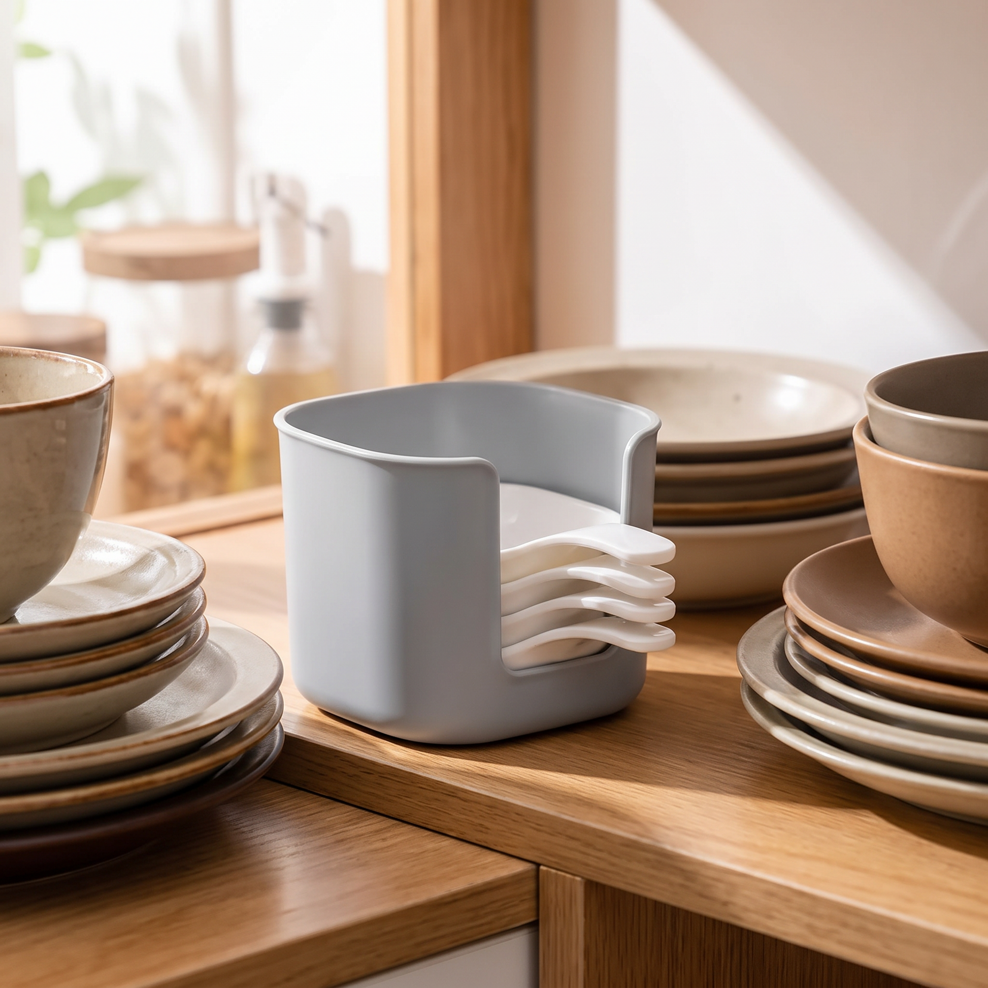Dipping dishes stacked on a kitchen shelf