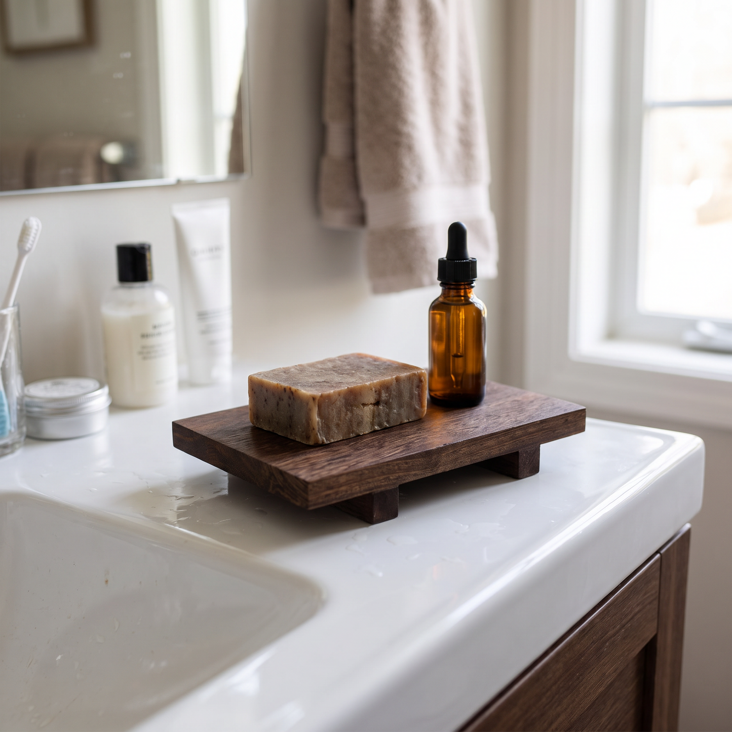 Wooden riser with soap on a bathroom vanity