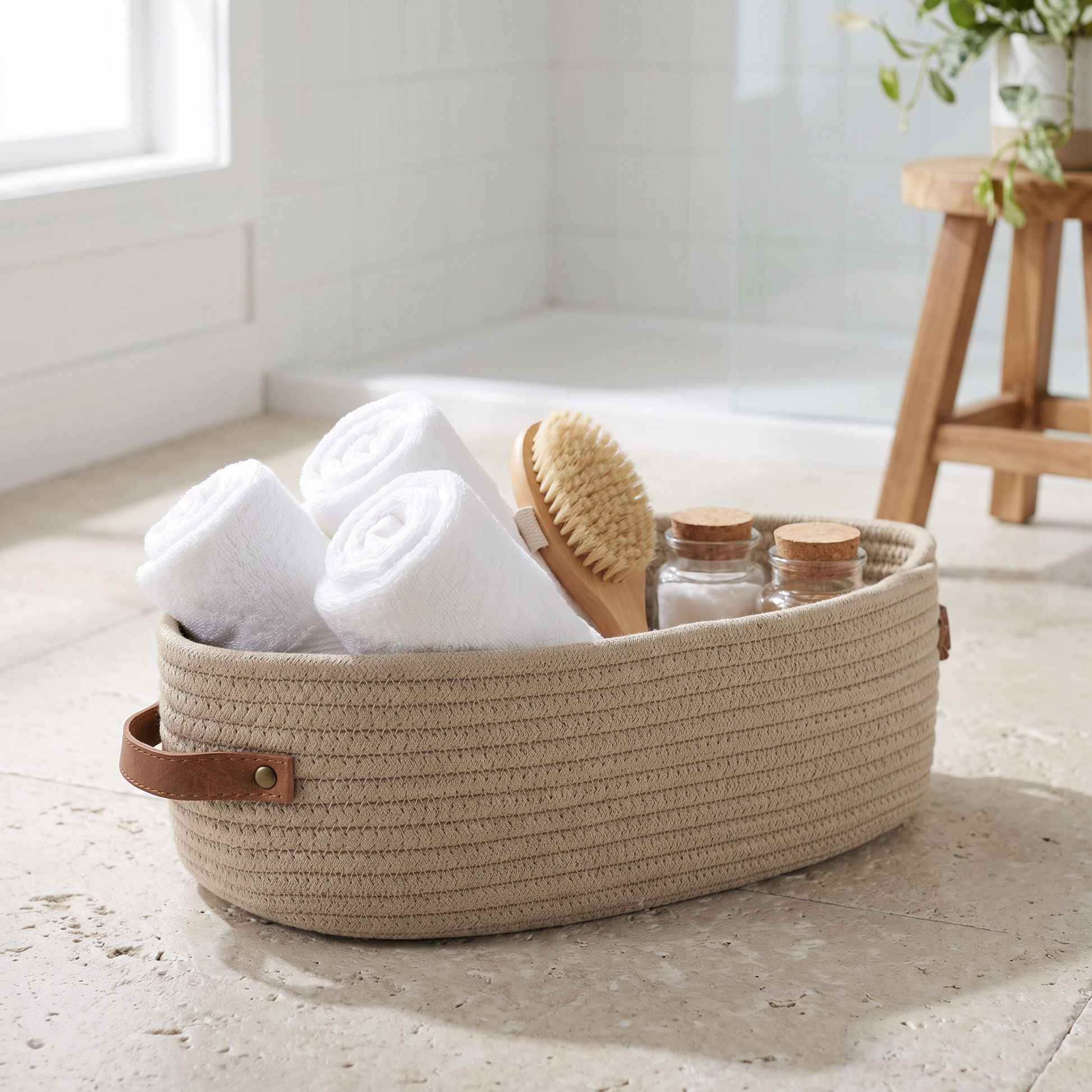 Oval storage basket holding towels in a bathroom