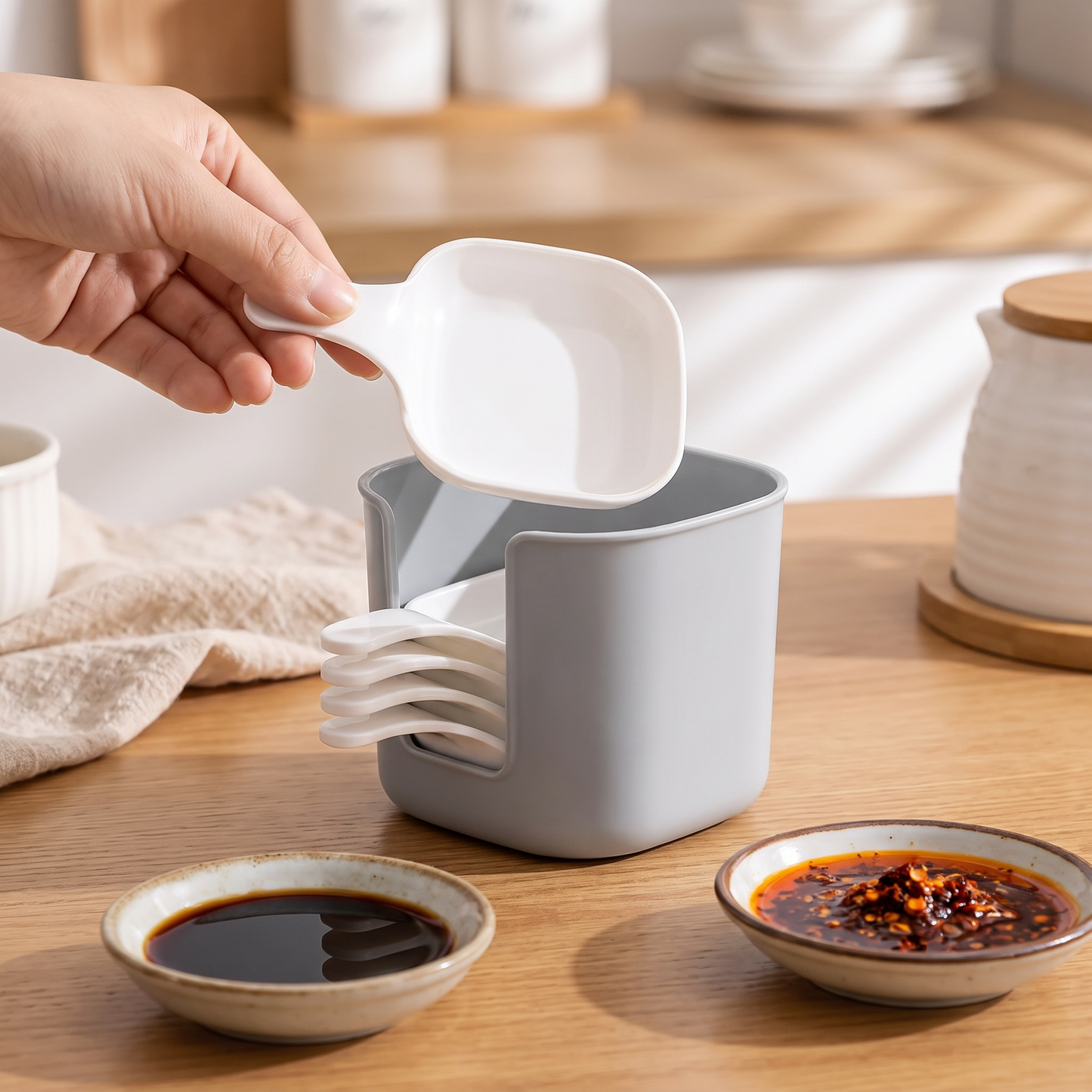 Close-up of two dishes holding sauces