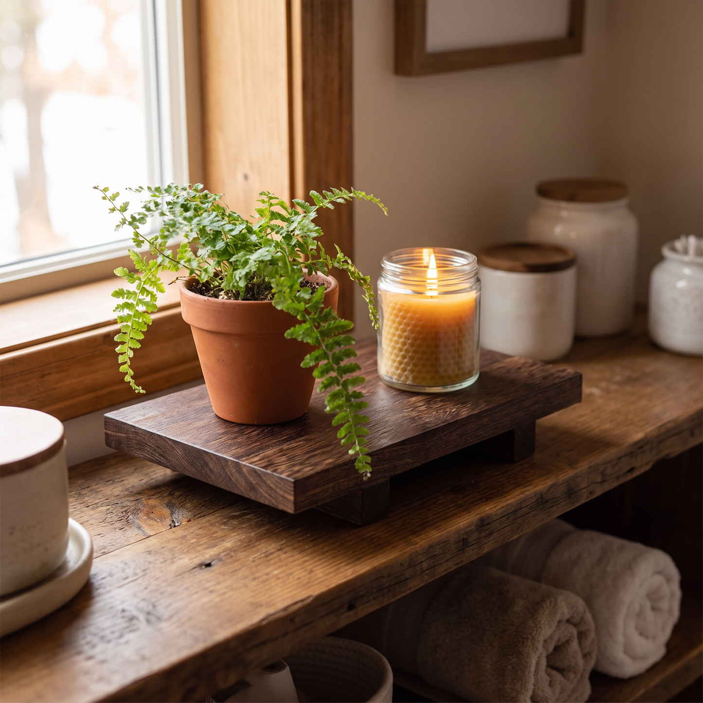 Riser on a shelf with a plant and candle