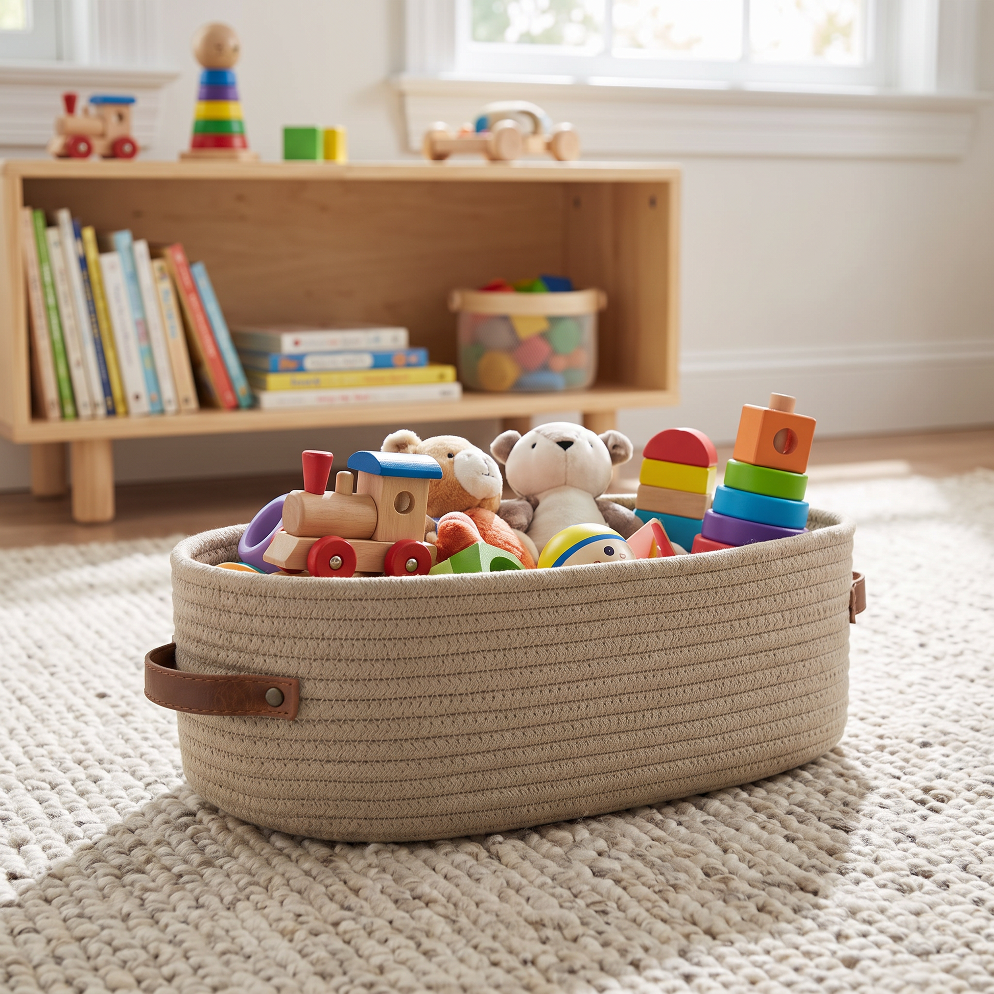 Basket holding toys in a child's room