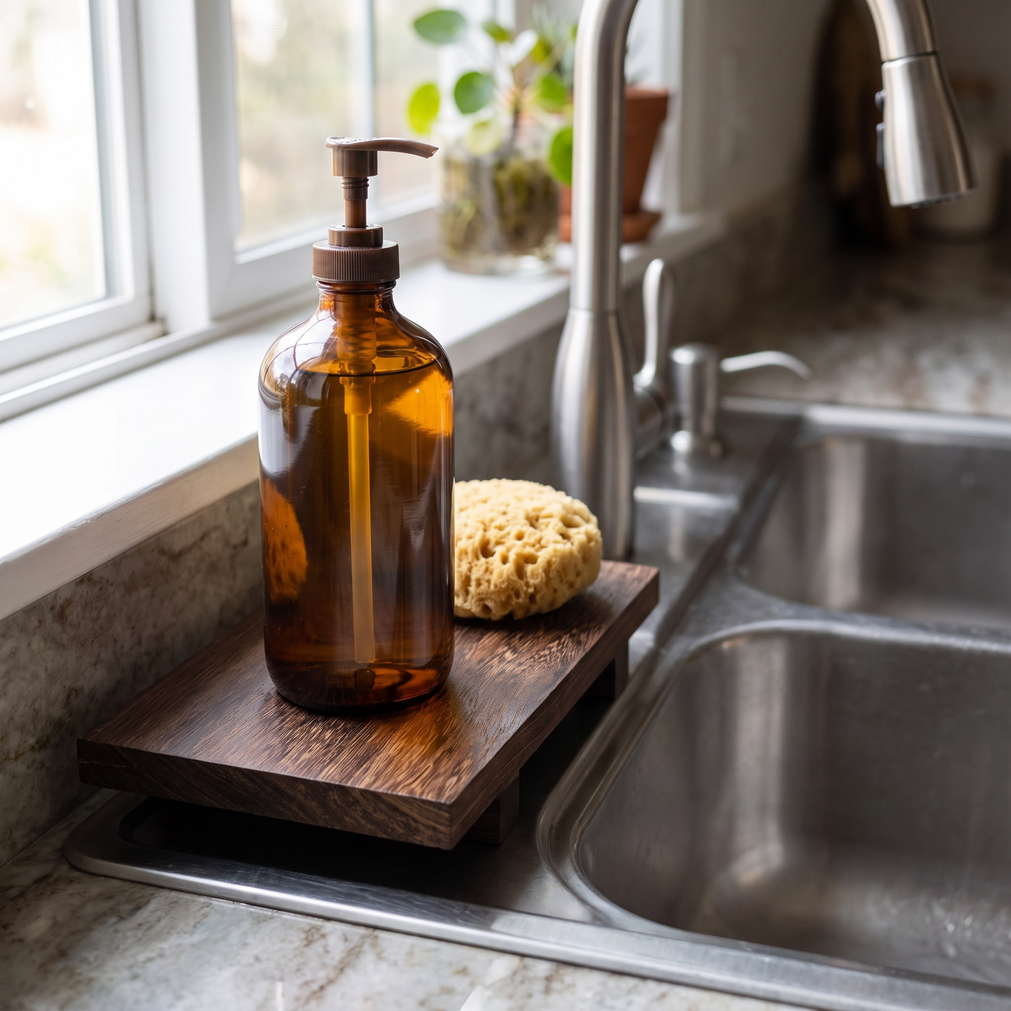 Riser holding dish soap by the kitchen sink