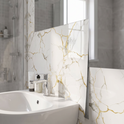 Marble wall panels behind a bathroom basin