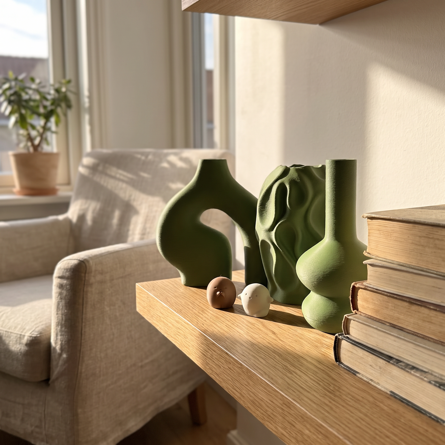 Vases on a floating shelf with books