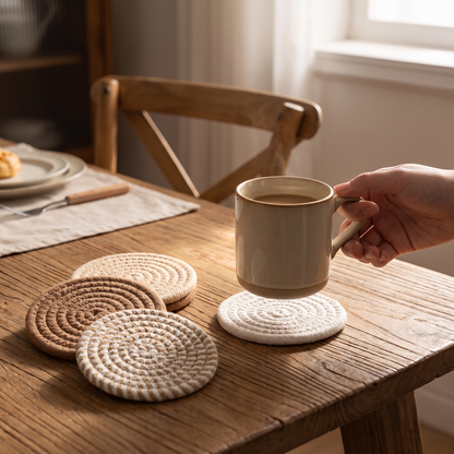 Hand setting a mug onto a coaster