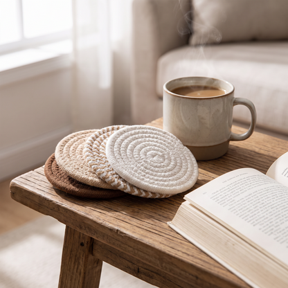 Stacked coasters beside a mug of coffee