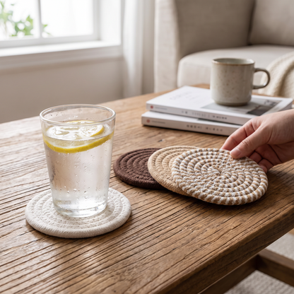 Fabric coaster under a glass on a coffee table