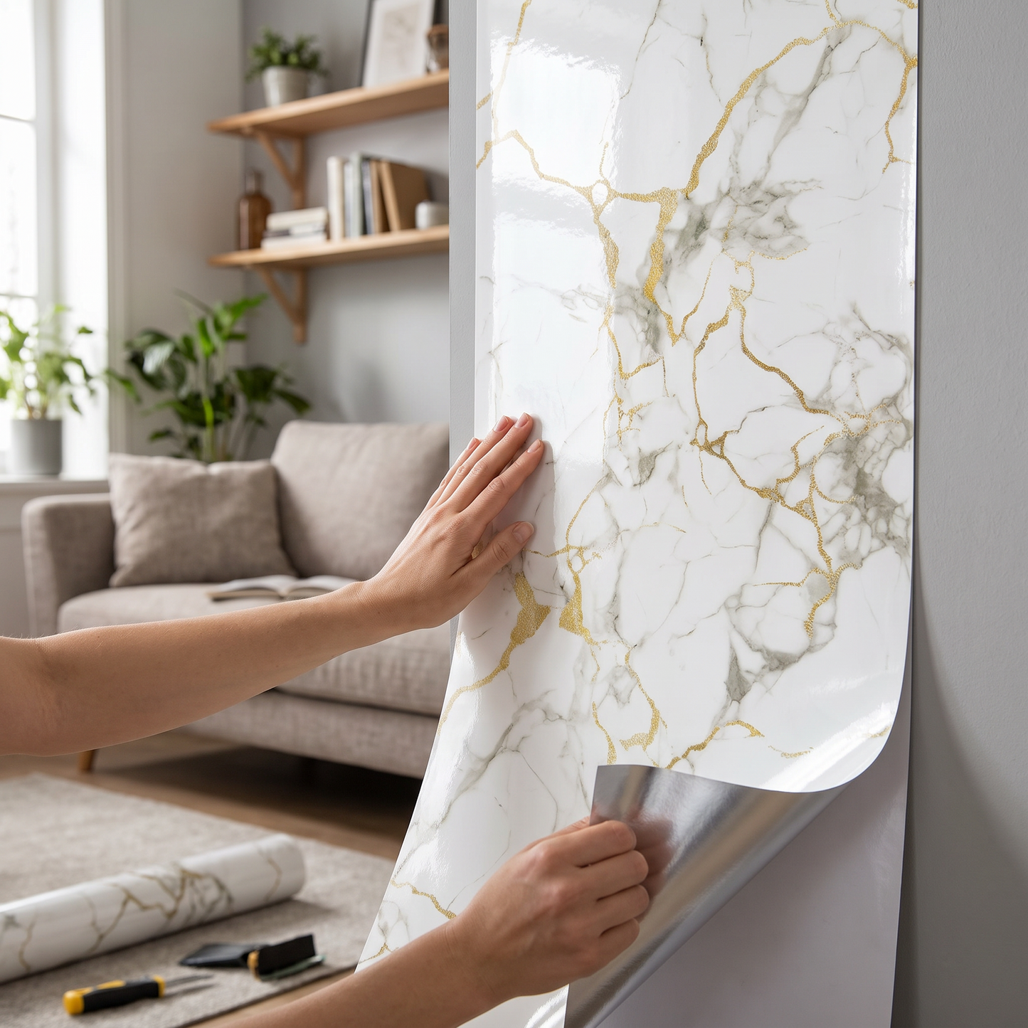 Hands installing a self-adhesive wall panel