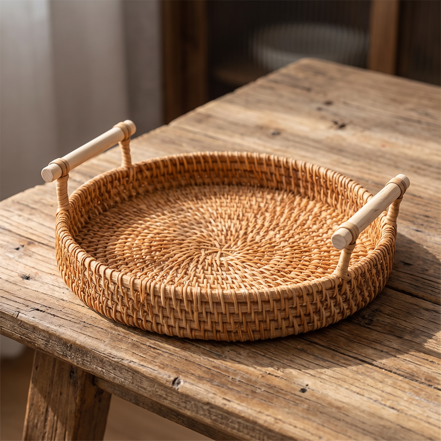 Close-up of the rattan weave and rim