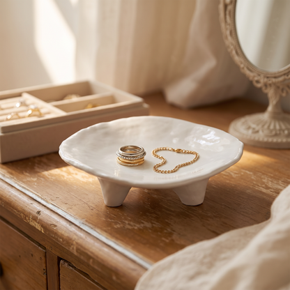 Ceramic tray with rings on a bedroom dresser