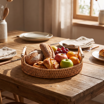 Rattan tray with bread and fruit on a table
