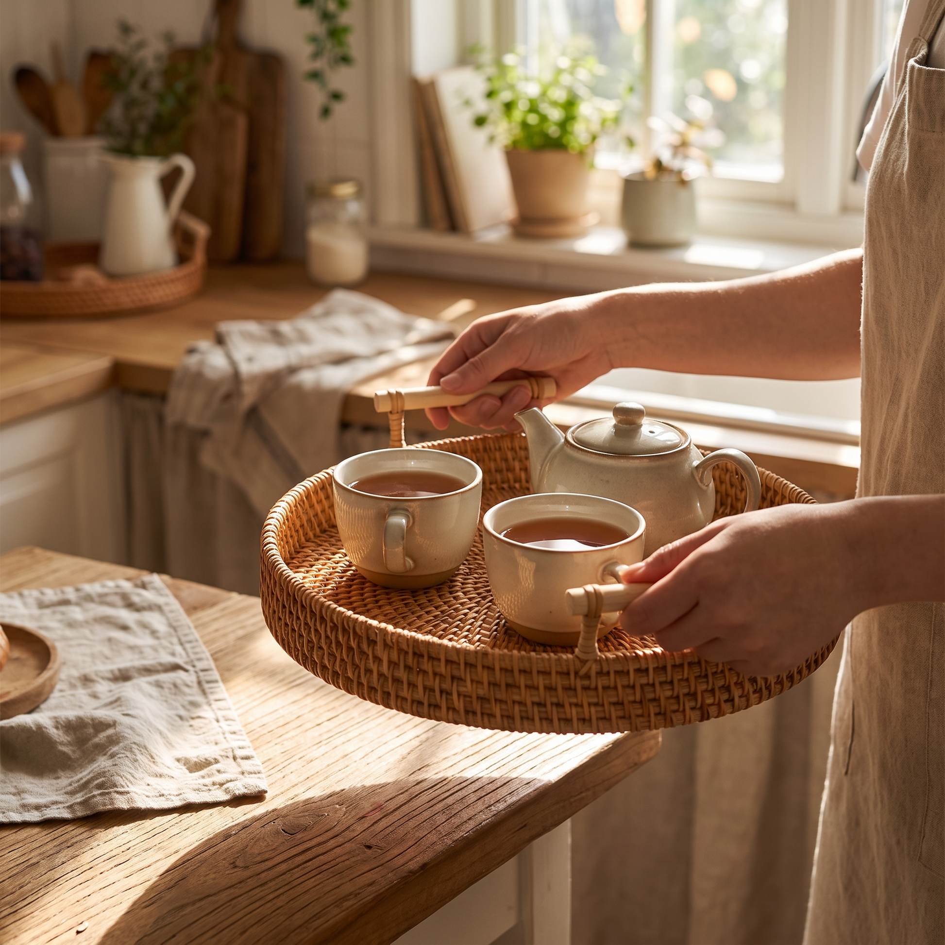 Hands carrying the tray with cups of tea