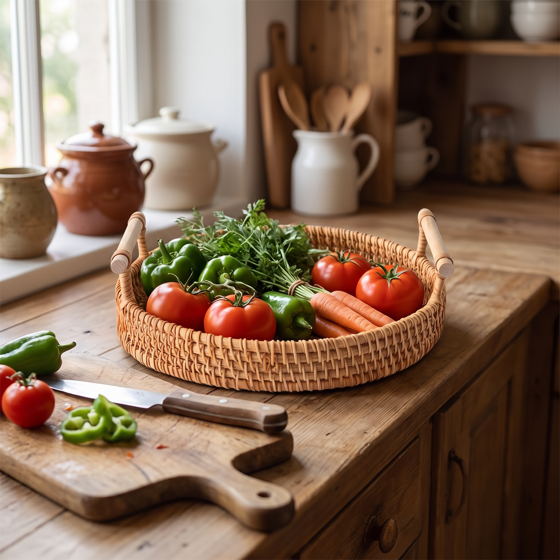 Rattan tray with vegetables on a counter