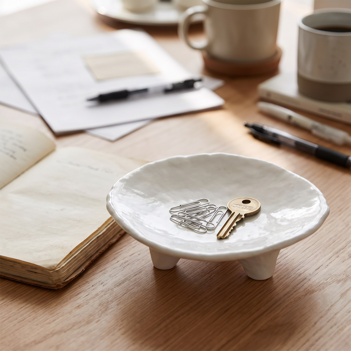 Tray holding clips and a key on a desk