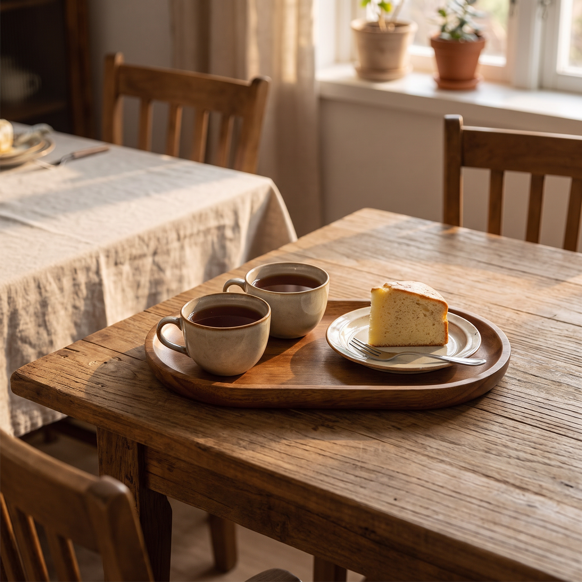 Wooden serving trays with tea and cake