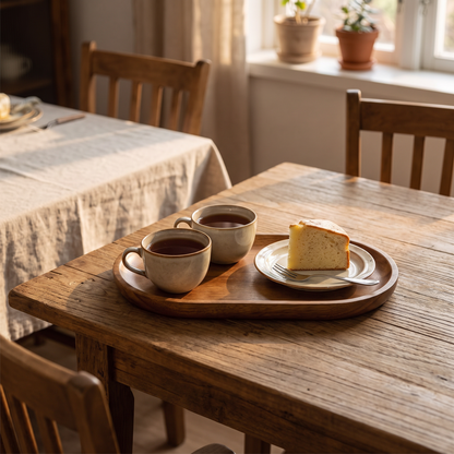 Wooden serving trays with tea and cake