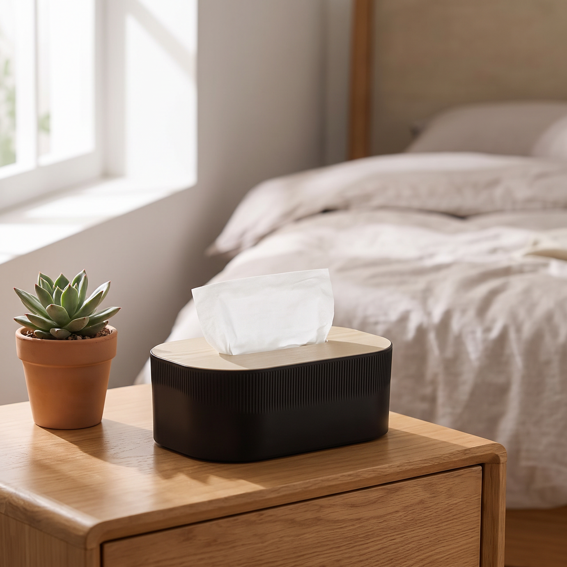Tissue box on a bedside table