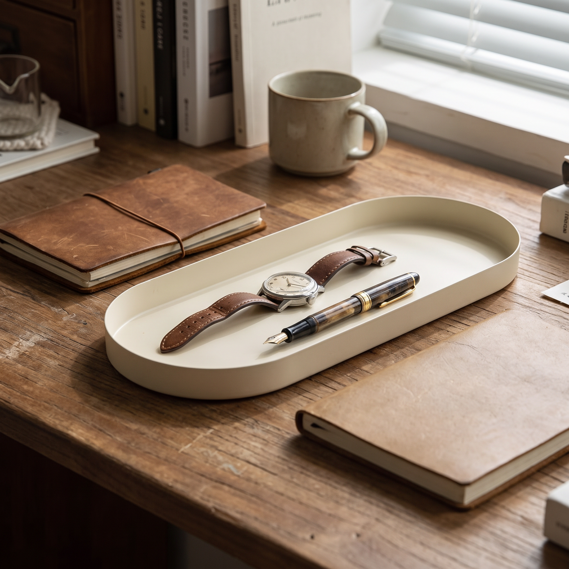 Tray on a desk with a watch and pen