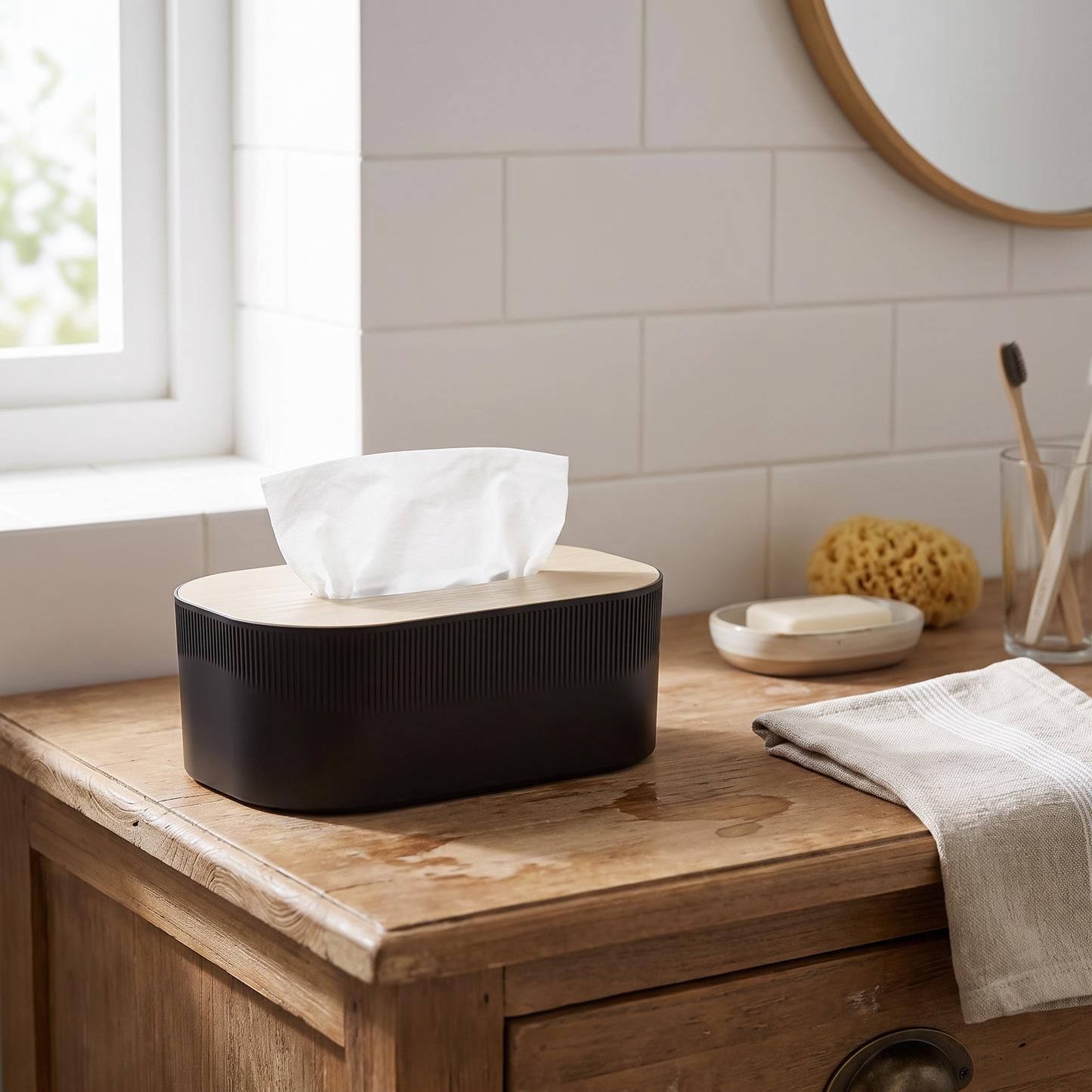 Arched tissue box on a bathroom vanity
