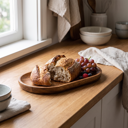 Trays with bread and fruit on a counter