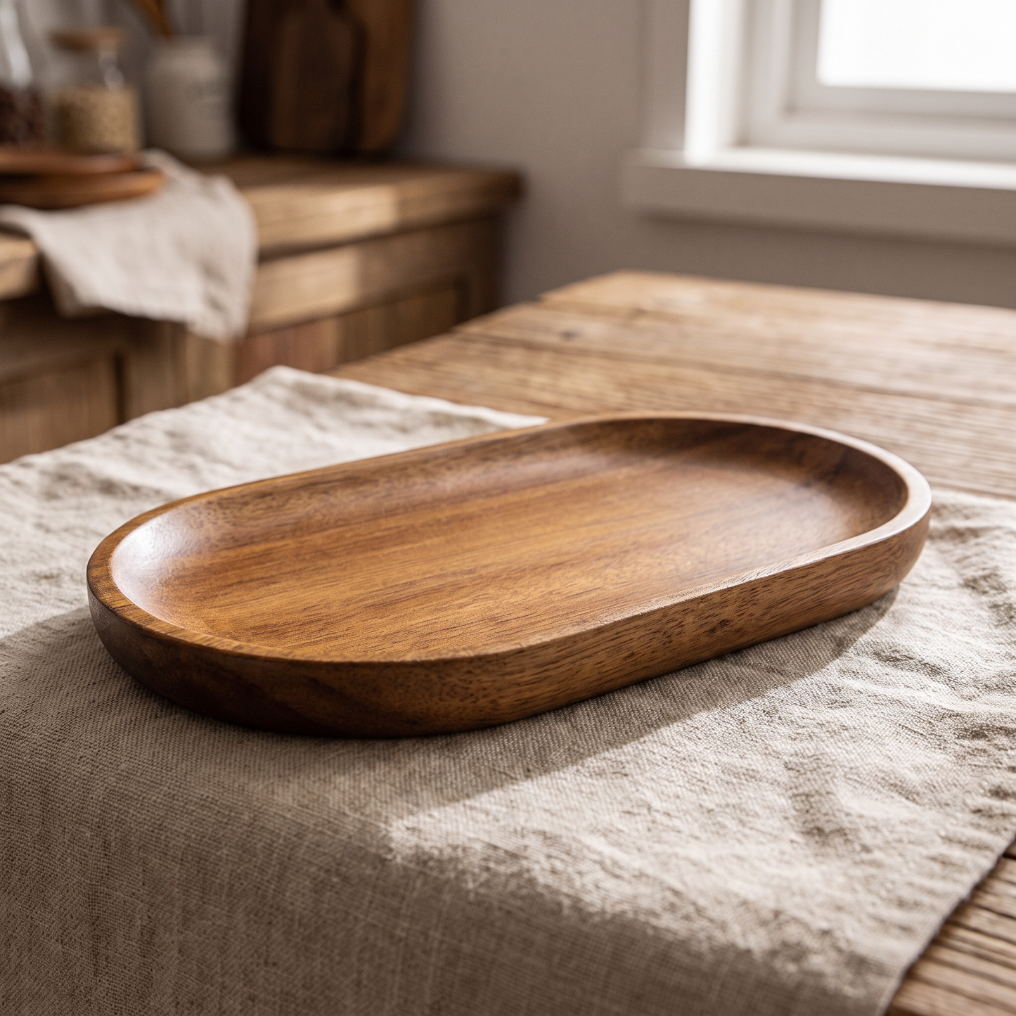 Close-up of the tray wood grain and rim