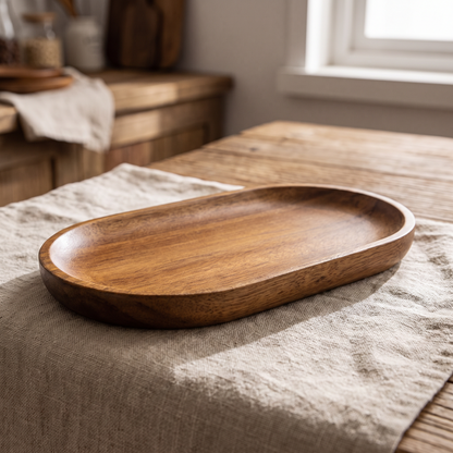 Close-up of the tray wood grain and rim