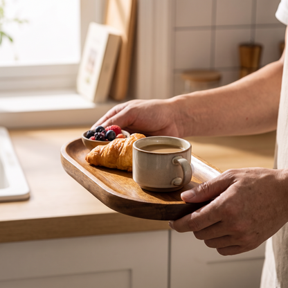 Hands carrying a tray with breakfast