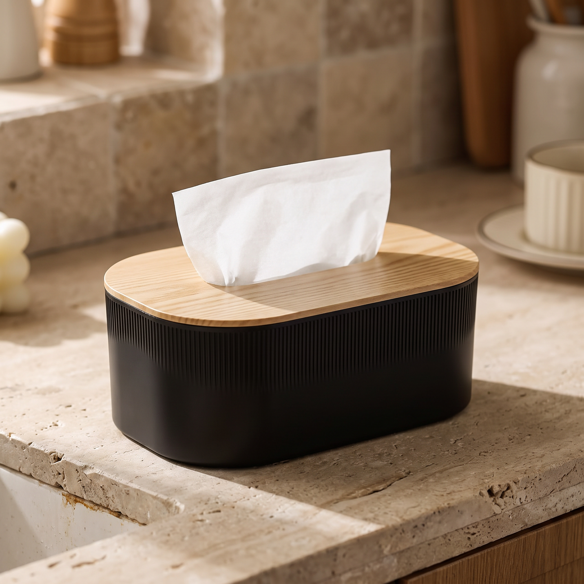 Close-up of the arched tissue box lid