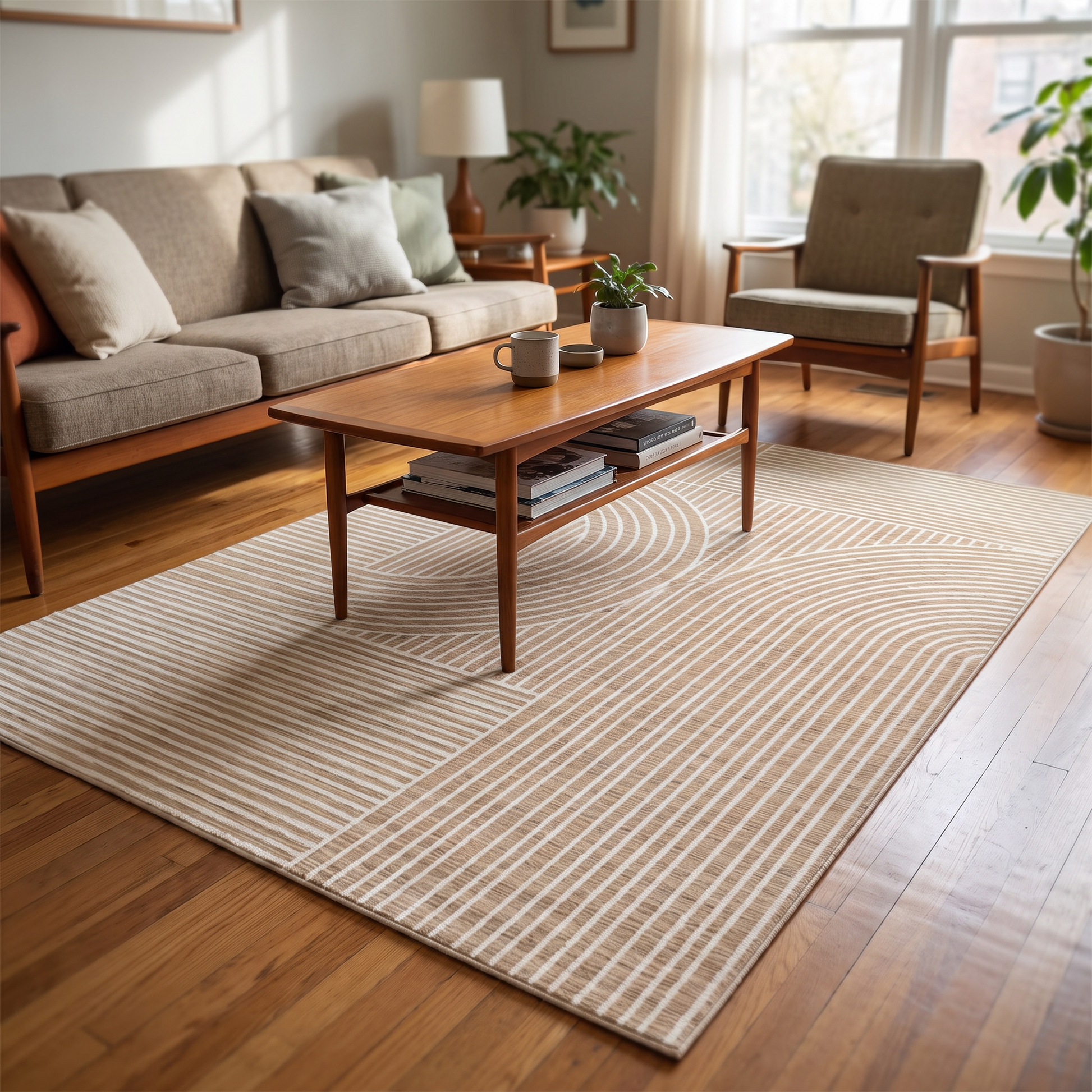 Boho area rug in a mid-century living room