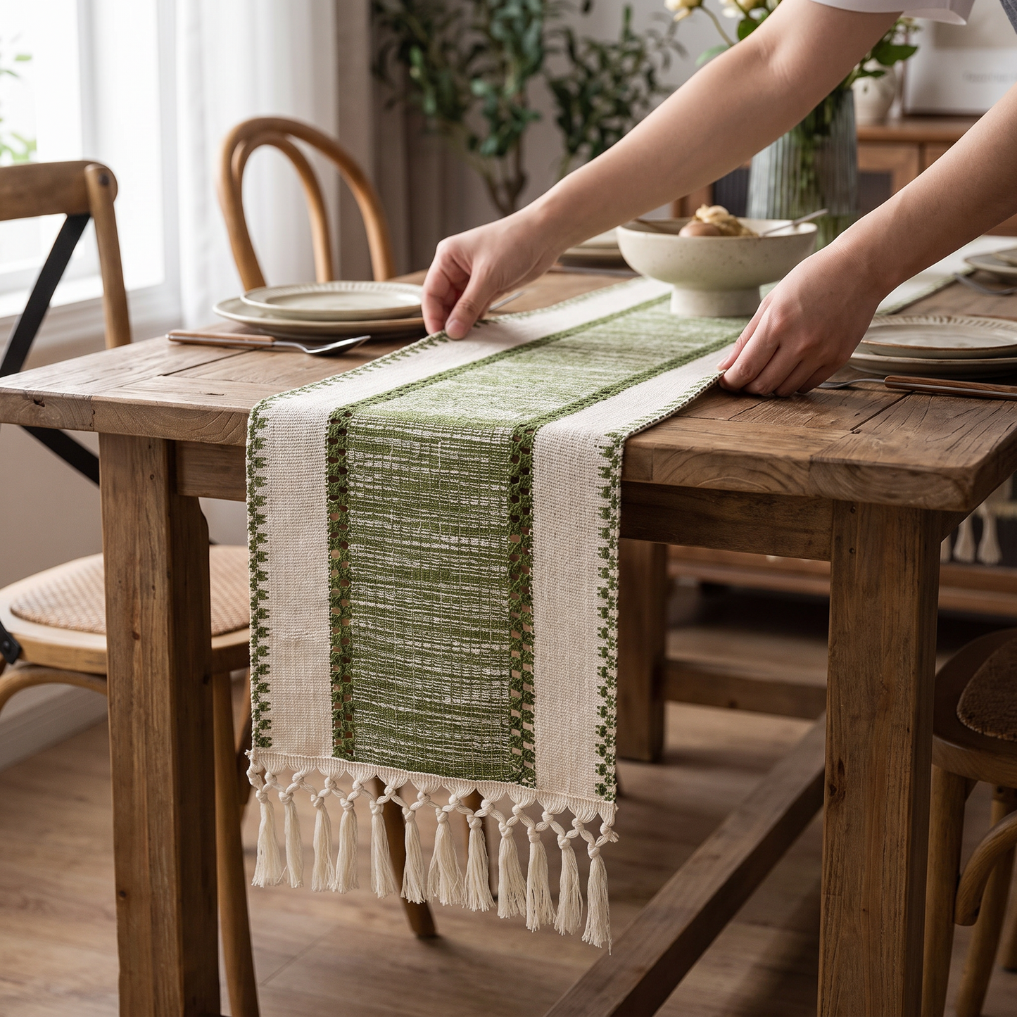 Hands smoothing the runner onto a rustic table