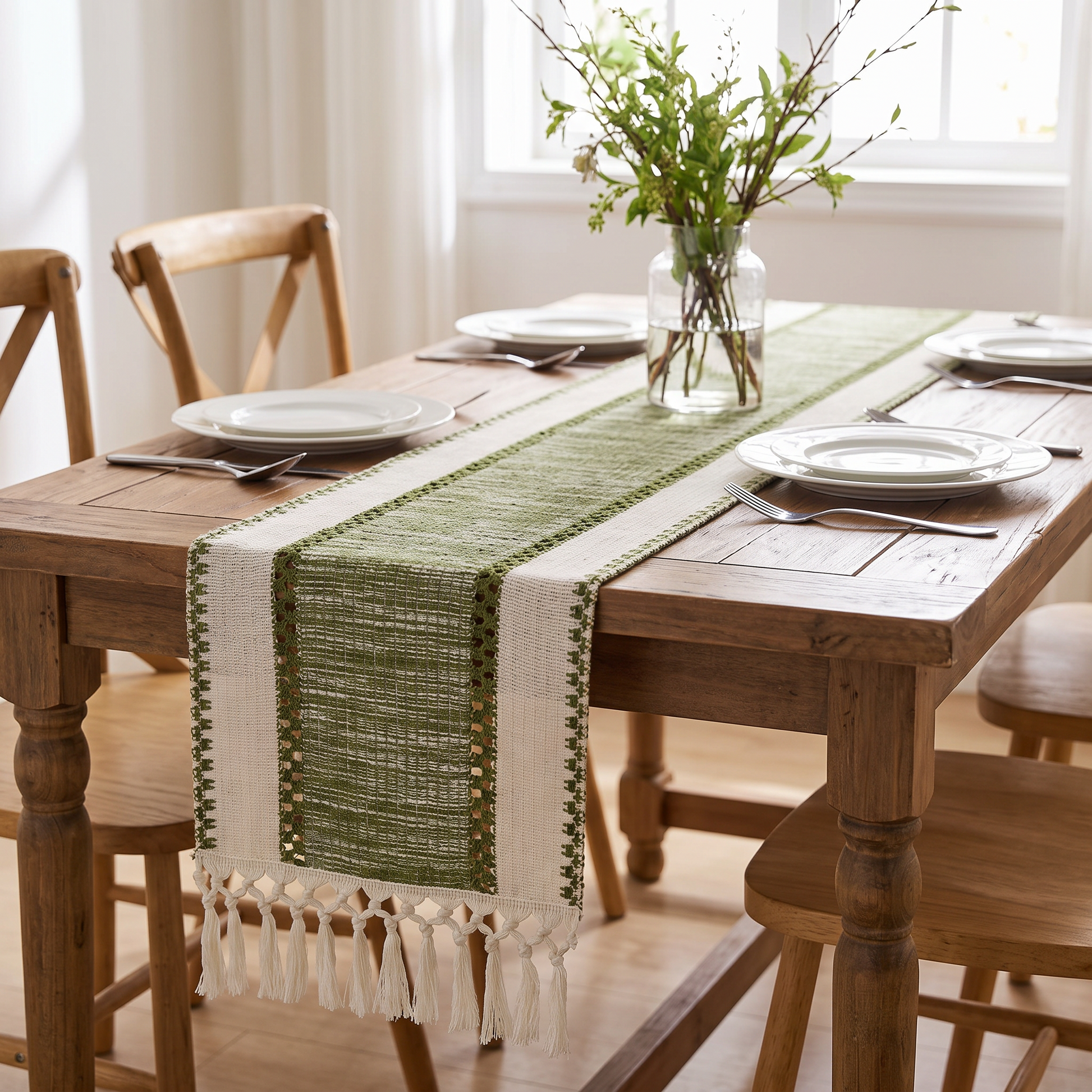 Striped table runner on a set dining table