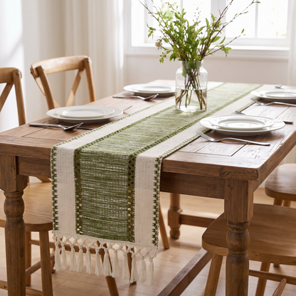 Striped table runner on a set dining table