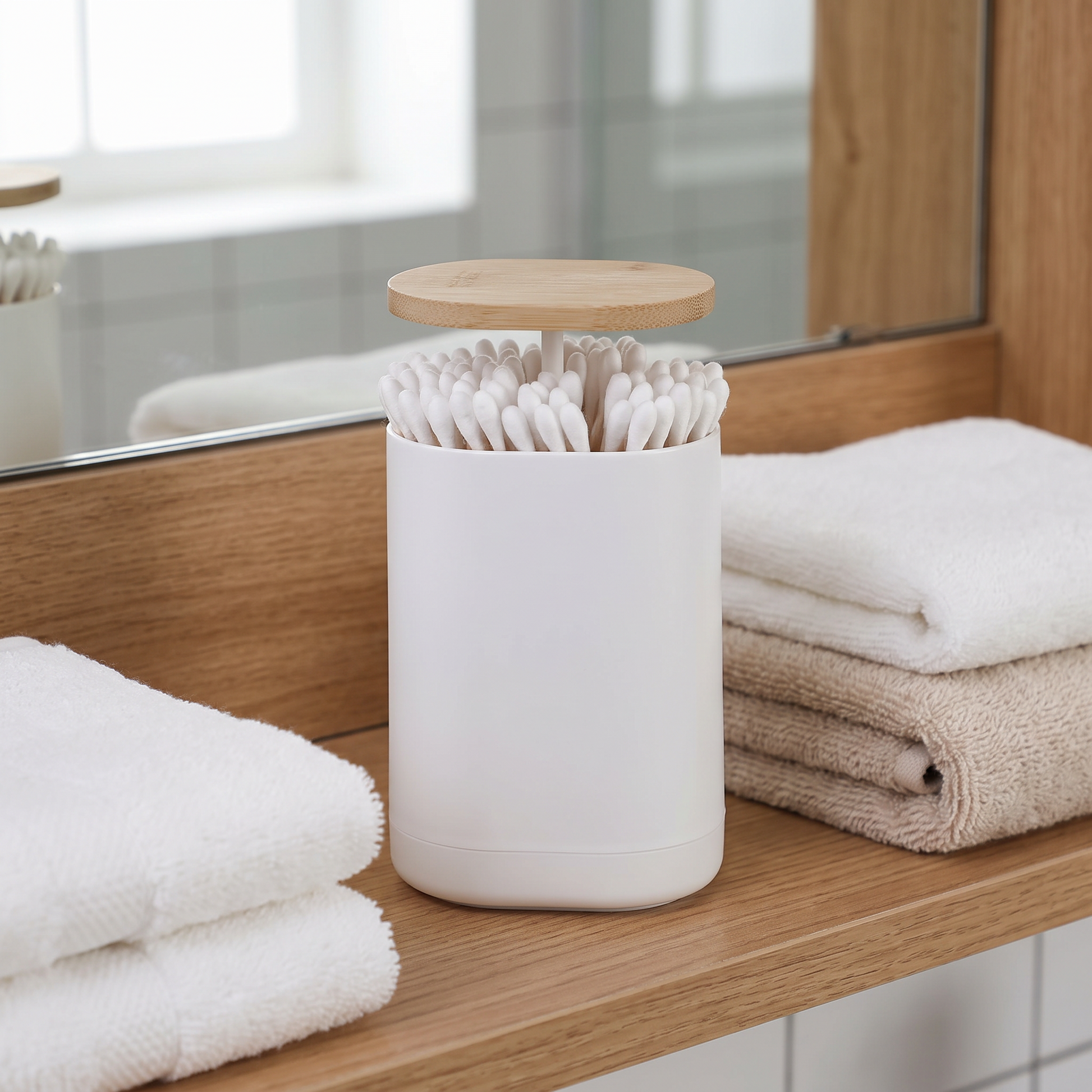 Holder storing cotton swabs on a bathroom shelf