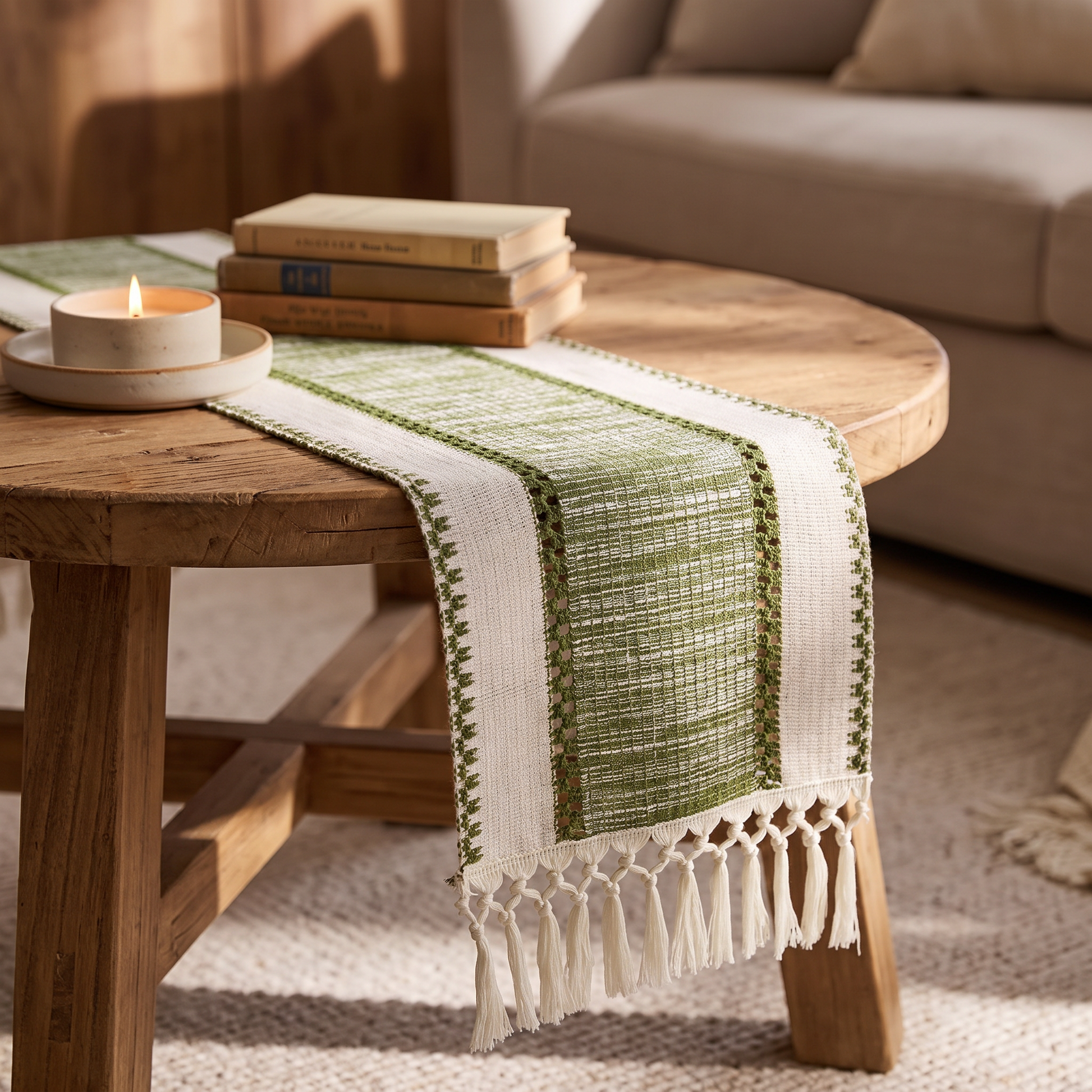 Runner on a round coffee table with a candle