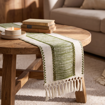 Runner on a round coffee table with a candle