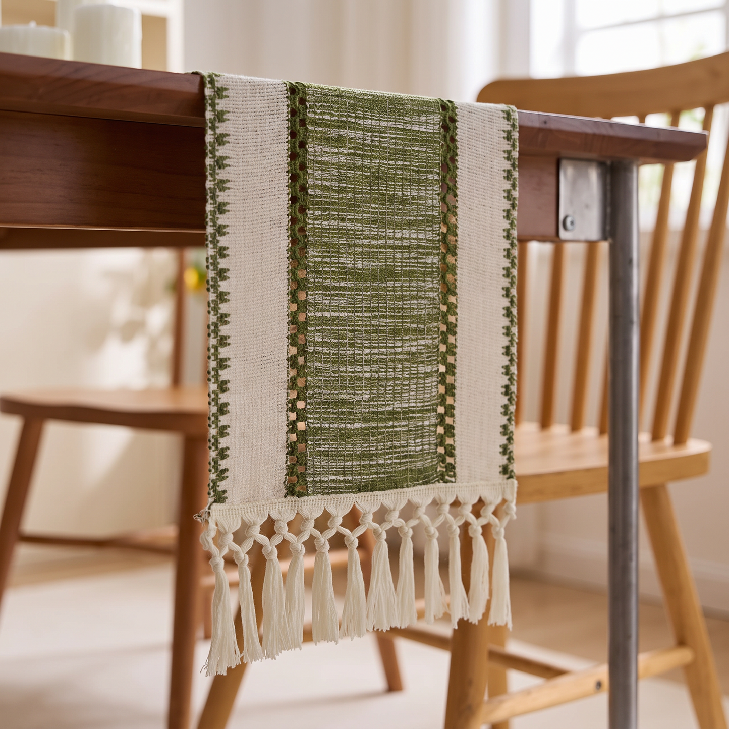 Close-up of the woven stripes and tassels