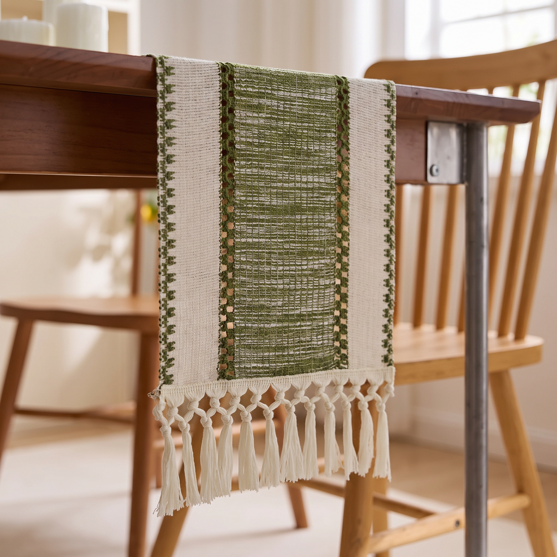 Close-up of the woven stripes and tassels