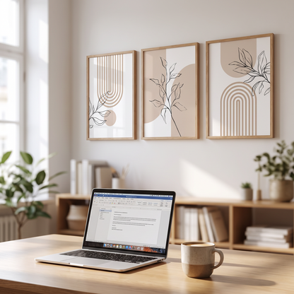 Prints above a home office desk