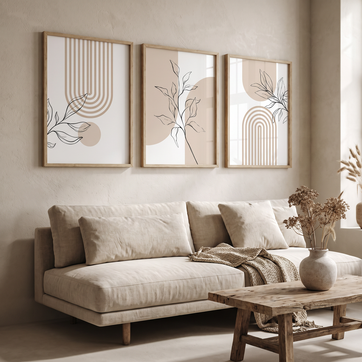 Set of three prints above a living room sofa