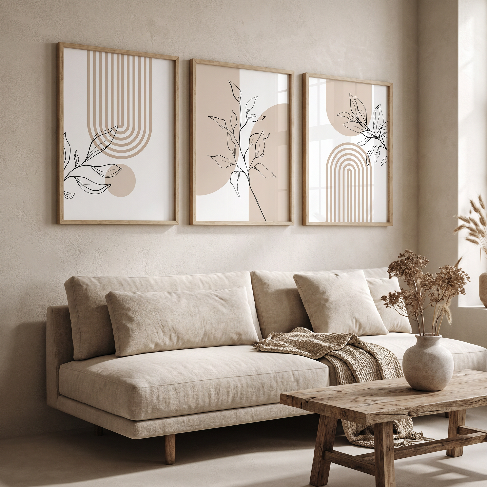 Set of three prints above a living room sofa