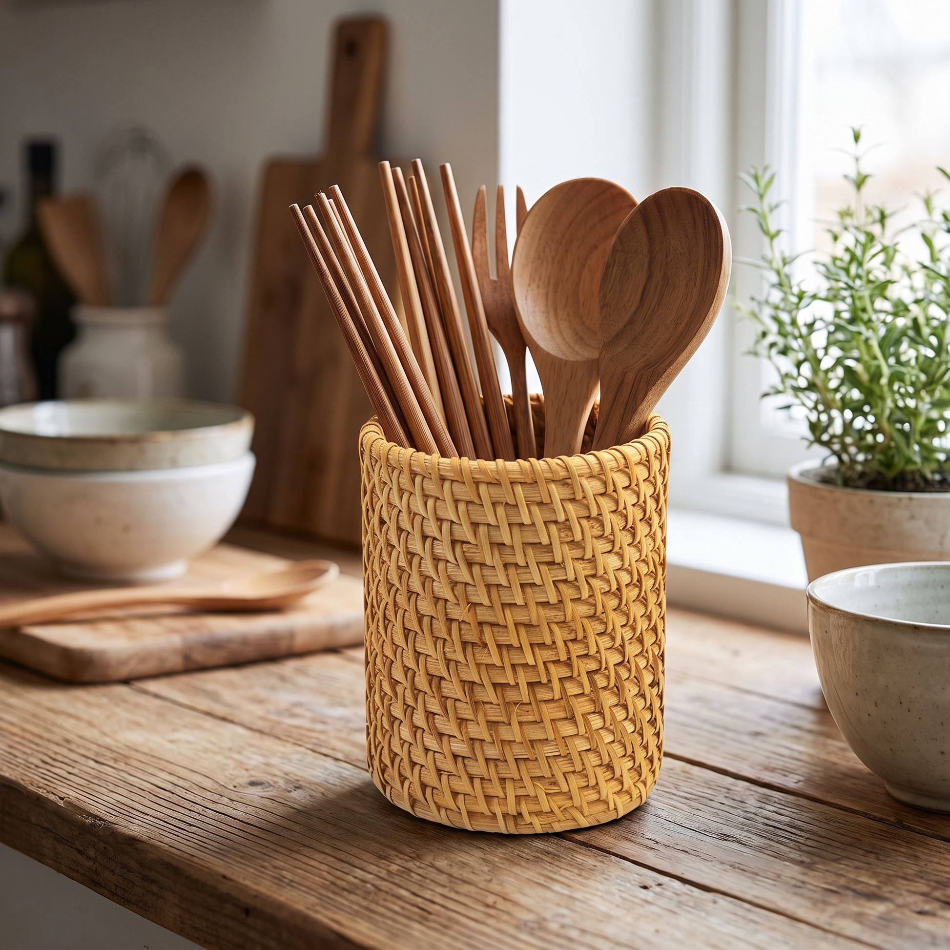 Rattan organiser holding utensils on a counter